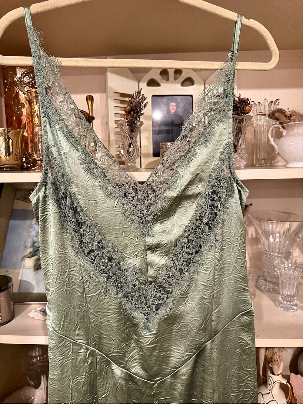 NWT Free People Maybe Forever Lace V-Neck Maxi Dress Soft Moss Green Size 10